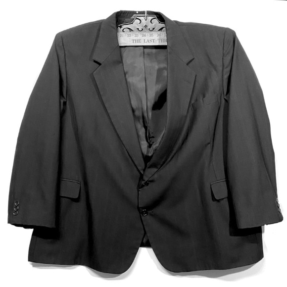 Y2K Suit Coat Tailored Classic Two Button Notched Plus Size 60 Black Pin Stripe - Picture 1 of 10